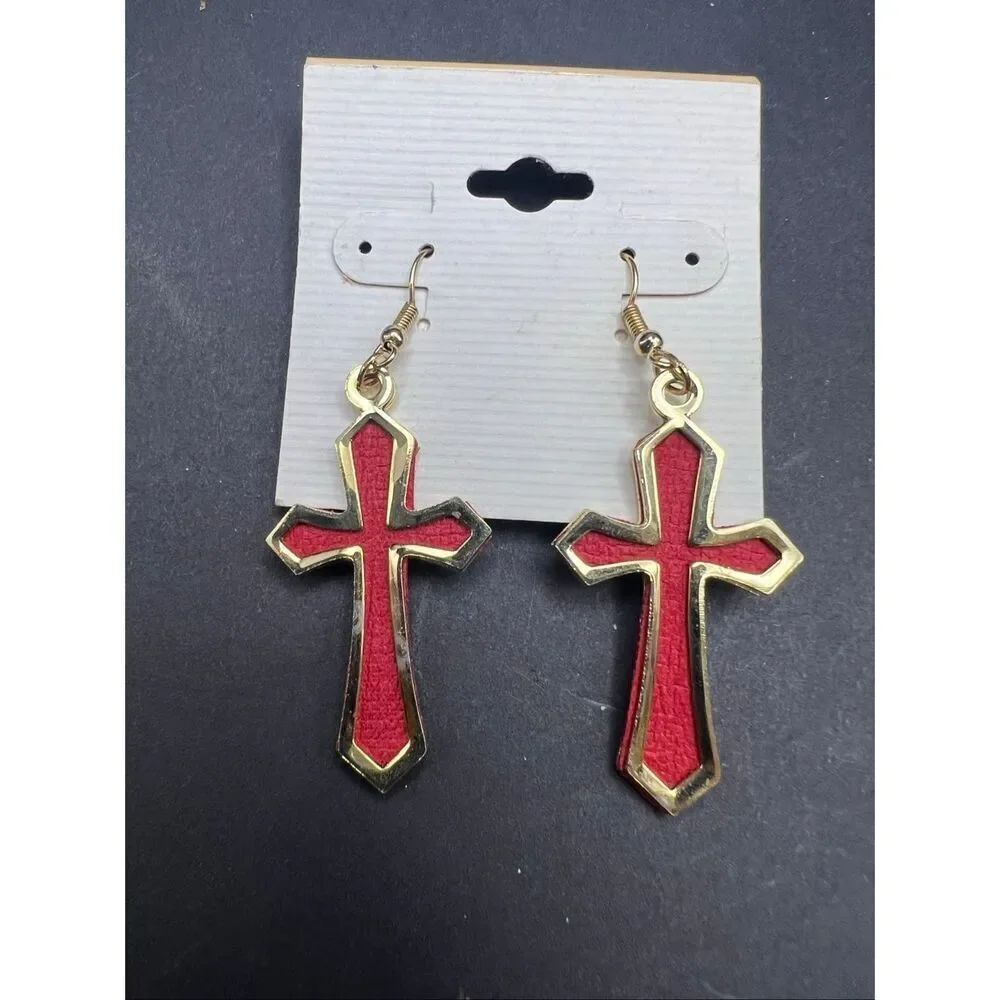 New Textured Red Gold Tone Cross Dangle Drop Earrings